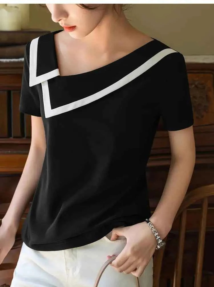 French Haute Couture Niche Design Black White Panelled Diagonal Neck Short Sleeved T-shirt Women's Patchwork Fashion Slim Top