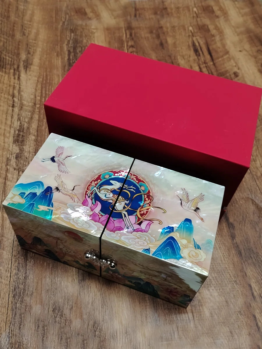 Mother of Pearl Travel Lacquer Wood Drawer Jewelry Ring Earrings Chest Box Case Sea Shell Inlaid Wooden Cube Jewelry Organizer