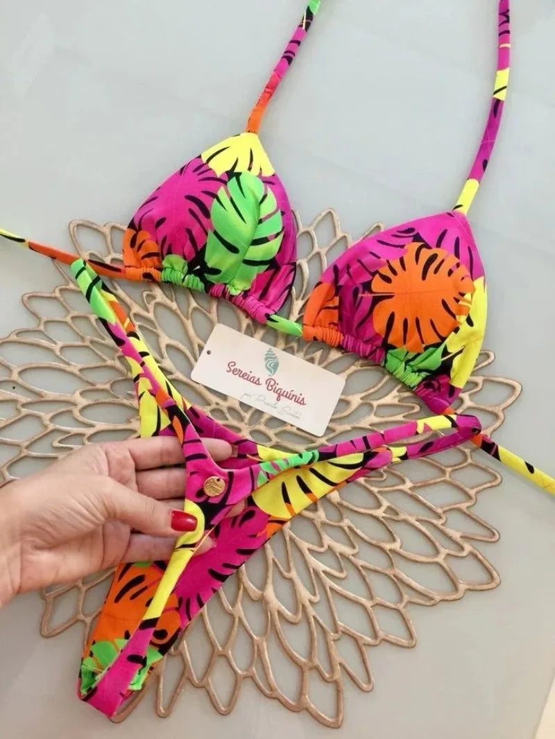 Print Sexy Bikini Sets Halter Lace-up Tops Thongs Beach Style Bathing Suit Y2k Swimsuits Women Beachwear Купальник Женский