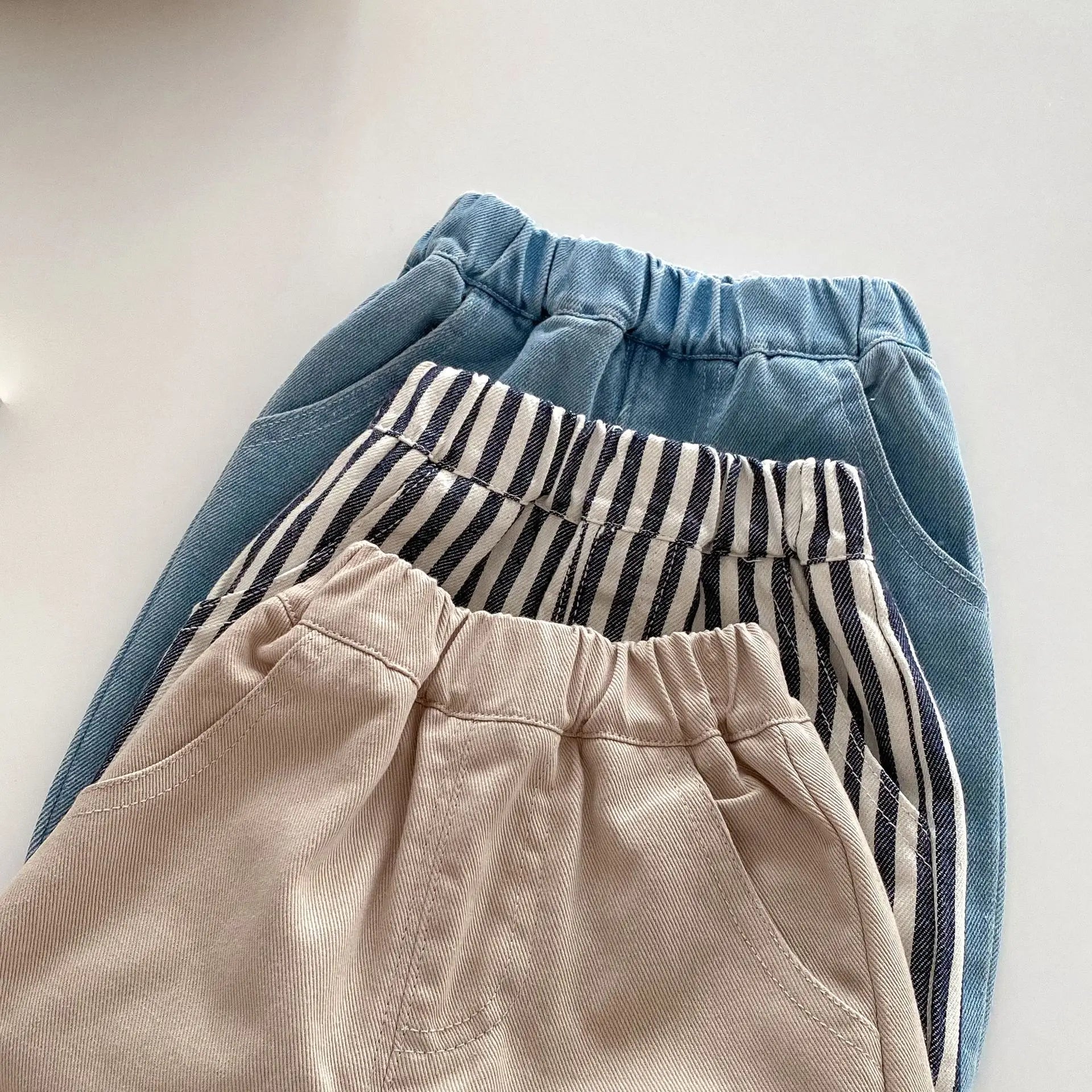 New Autumn Kids Tapped Casual Striped Pants 0-5T Girls Boys Fashion Stripe Trousers Children Solid Denim Jeans Britches