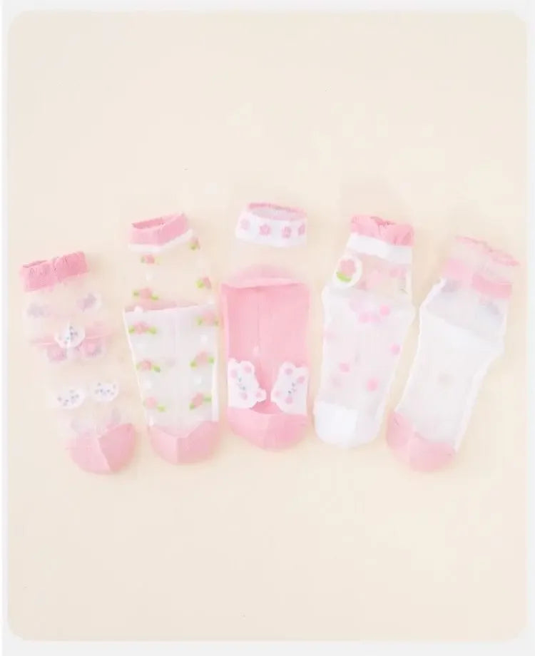 5 Pairs/Baby Girl Summer Socks Thin Ice Silk Mesh Crystal Breathable Cotton Short Mid Calf Boat Socks for Kids