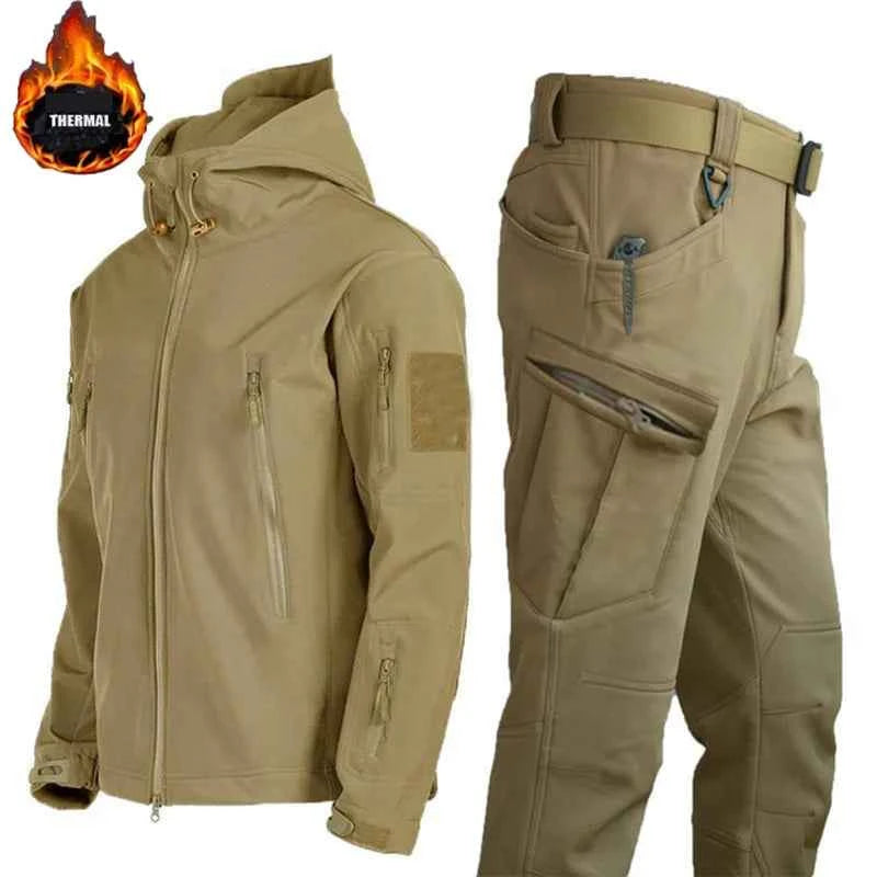 Winter Autumn Tactical Jackets Elastic Men Fleece Waterproof Suits Fishing Warm Hiking Camping Tracksuits Set Hood Coat S-5XL