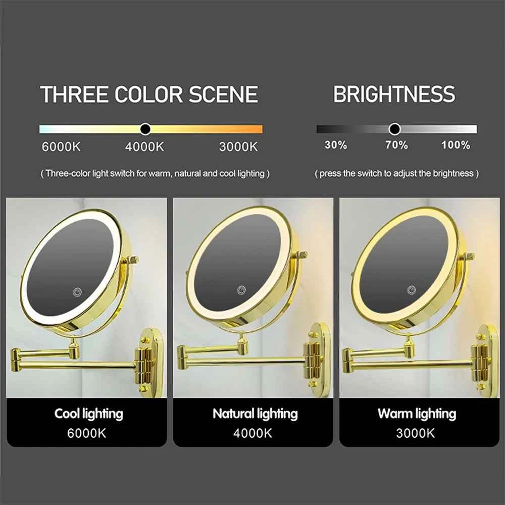 8 Inch Makeup Mirror Gold 3x/5x/7x/10x Magnifying Double Side USB Charging Bathroom 3 Color Light Cosmetic Mirrors