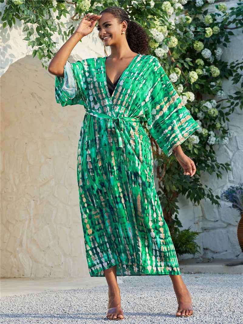 Long Kimono Swimsuit Cover up for Women Stylish Tie Dye Open Front Beach Outfits Bathing Suit