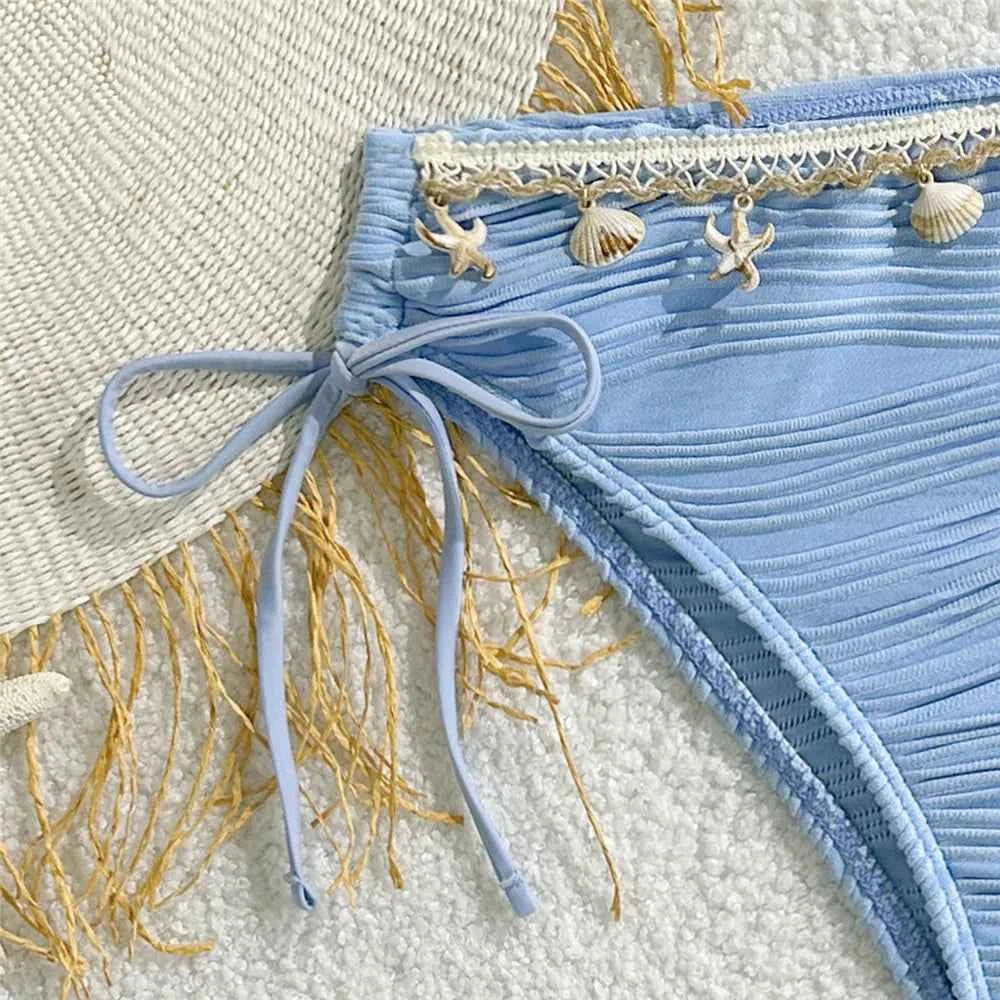 Shell Starfish Edge Bandeau Bikinis Sets Yellow Texture Solid Swimwears Sexy Swimsuit Women 2026 Lace-up Bathing Suit Bikini