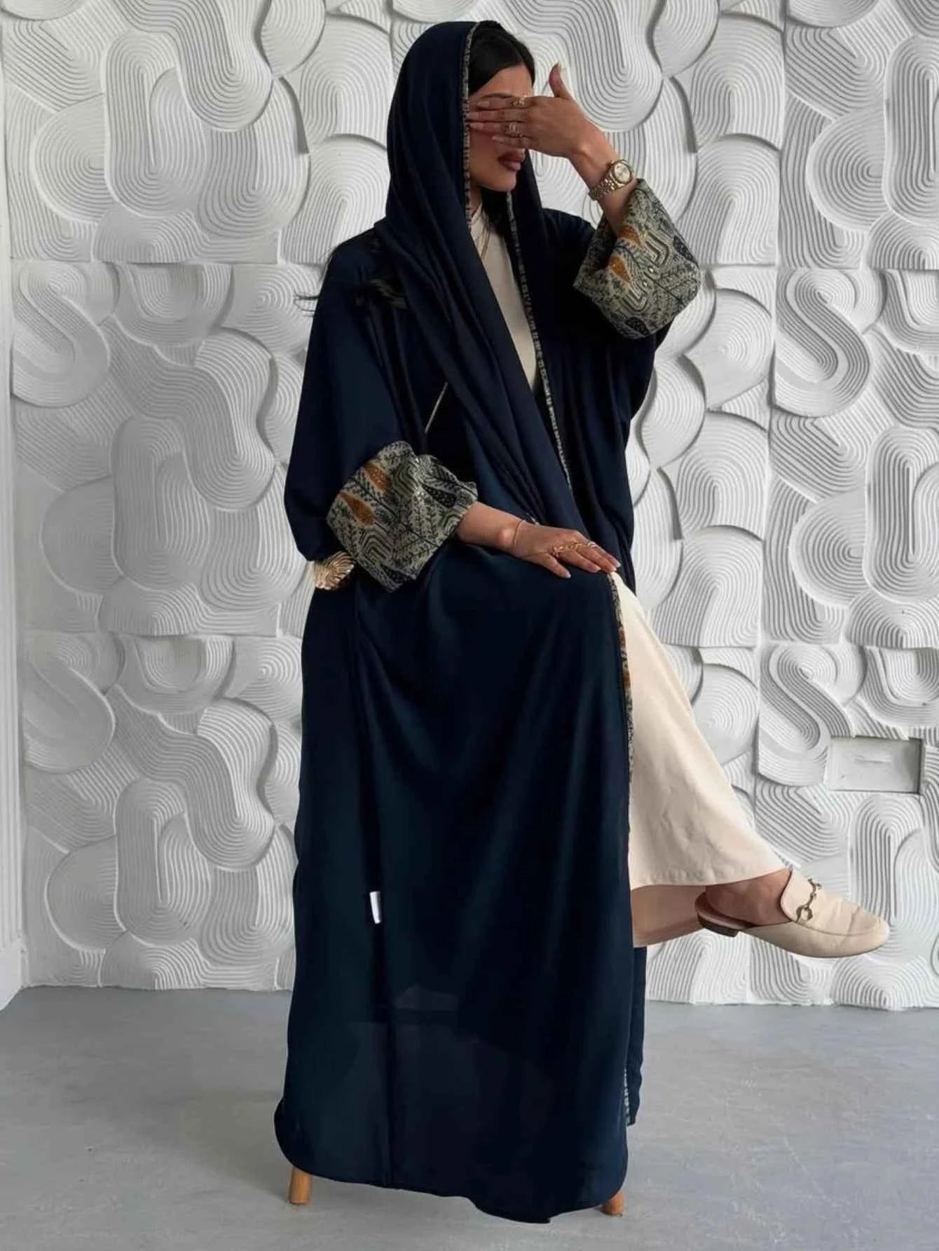 Middle Eastern Muslim Women Abayas +Hajib 2pcs Islamic Kaftans Casual Maxi Dresses Arabian Jilbabs Full Sleeve Open Front Abaya