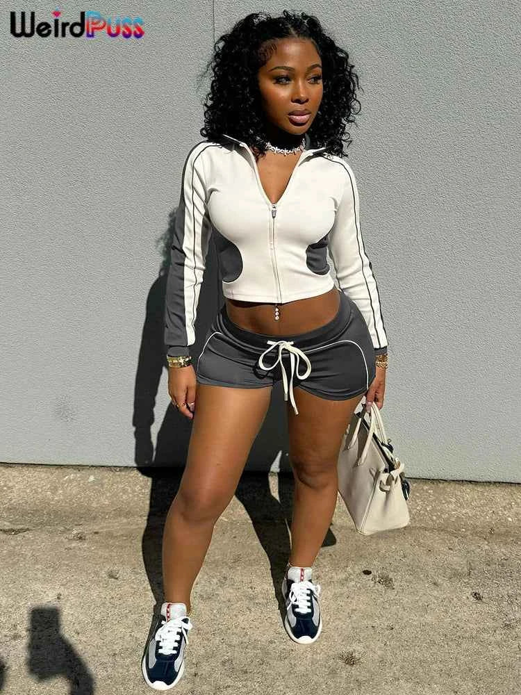 Weird Puss Casual Sporty 2piece Set Women Fall Trend Zip Hipster Patchwork Crop Jacket+Shorts Matching Classic Tracksuit Outfits