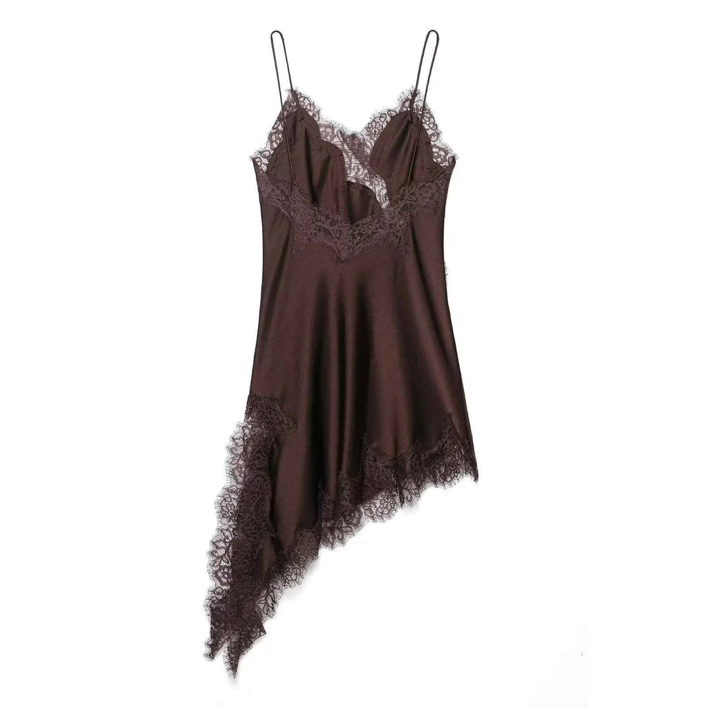TFMLN Women Sexy Lace Splicing Dresses Summer Solid Sleeveless Asymmetry Dress Backless Slim Women's  Party Sling Mini Dress