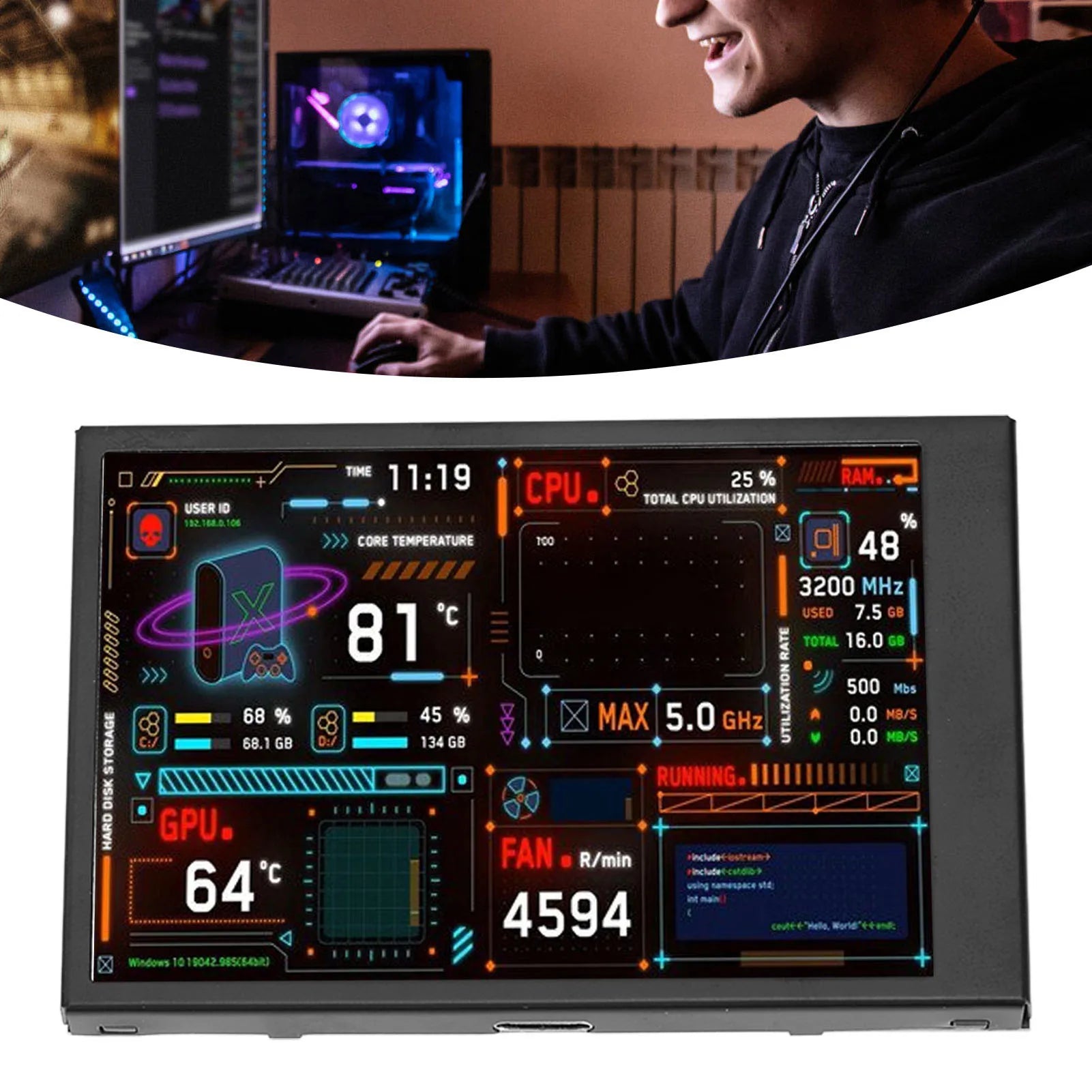 3.5in Computer Temp Monitor Dual USB Port IPS Mini Display CPU Data Monitor with Visual Theme Editor for GPU RAM HDD