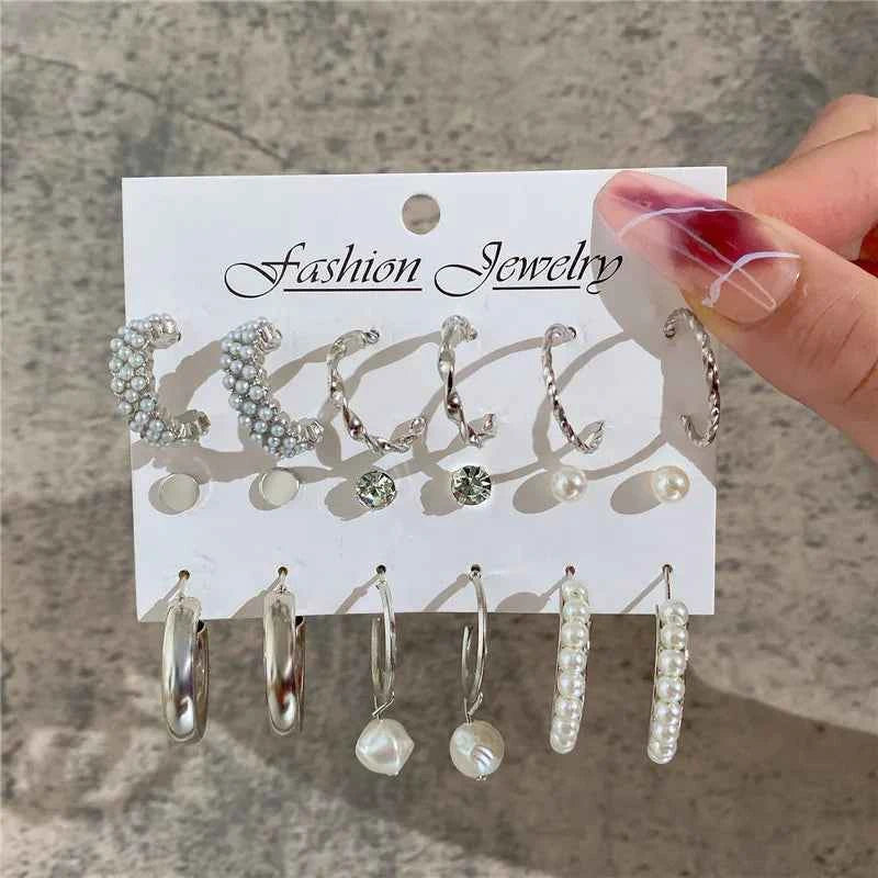 Silver Color Twist Hoop Earrings Set Brincos Heart Pearl Hoops Vintage Metal Geometric Earrings for Women 2023 Trendy Jewerly