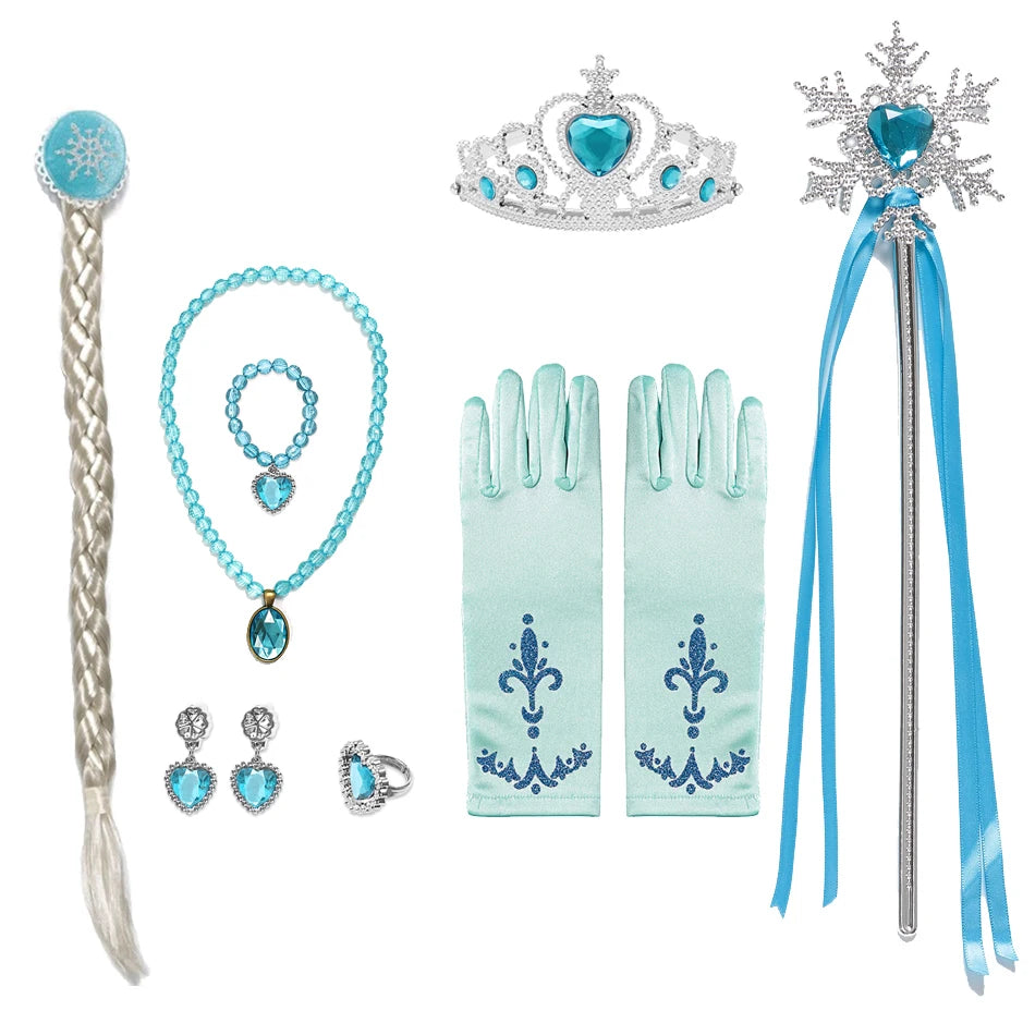 Girl Princess Costume Accessories Gloves Wand Crown Jewelry Set Princess Wig Braid Princess Dress Costume Cosplay Accessories