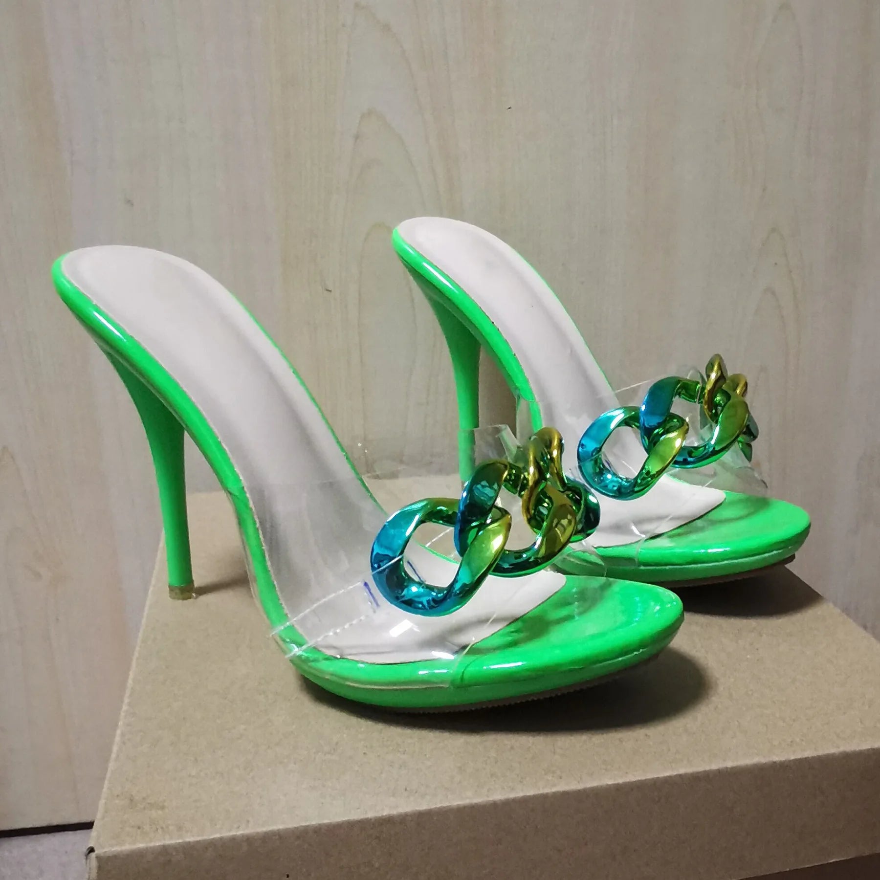 2022 New Diamond Chain Women Pumps Slippers Thin High Heels Party Shoes Fashion Solid Color Summer Dress Sandals Shallow Mouth