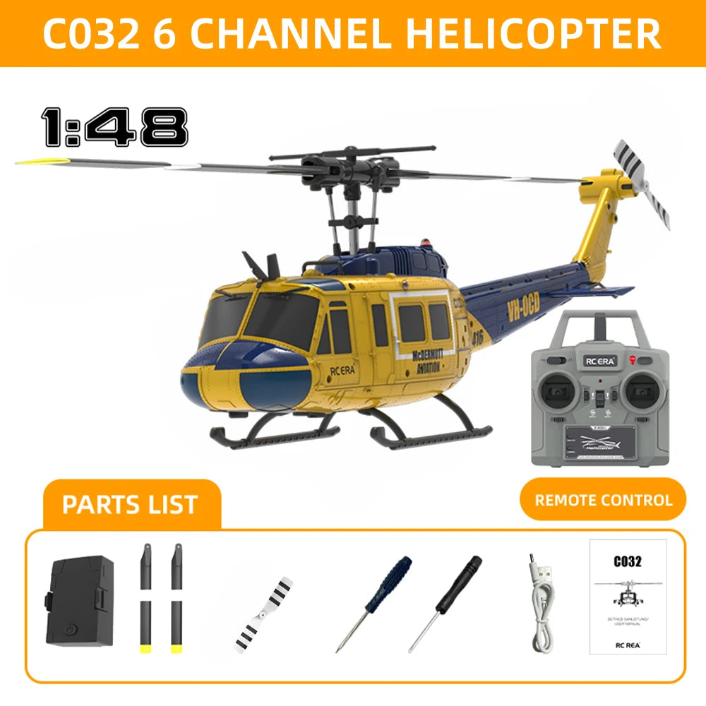 RC ERA RC Helicopter C032 1:48 Scale Huey Helicopter UH-1 6-axis Gyro 6 Channel 3D Brushless Motor Remote Control Aircraft