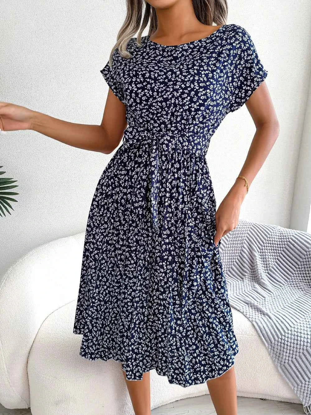 Ficusrong Fashion Floral Pleated A Line Long Dress Women Spring Summer Short Sleeve High Waist Chic Dress