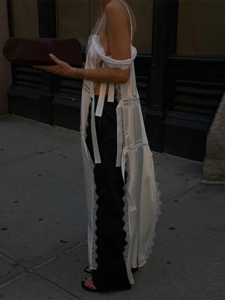 Sexy Solid Lace Patchwork Women's Dress Sleeveless Sling High Split Hollow Out Lady Dresses 2026 Summer Vacation Female Robe