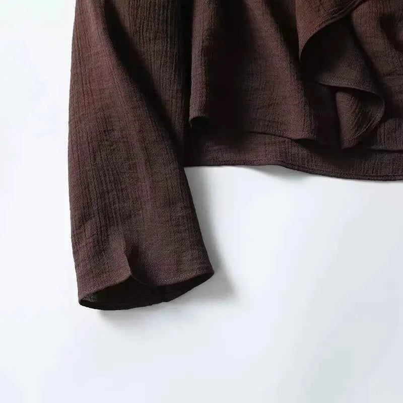 YENKYE Spring 2025 Women Brown Long Sleeve V Neck Ruffle Shirt Office Casual Blouse Blusas Mujer