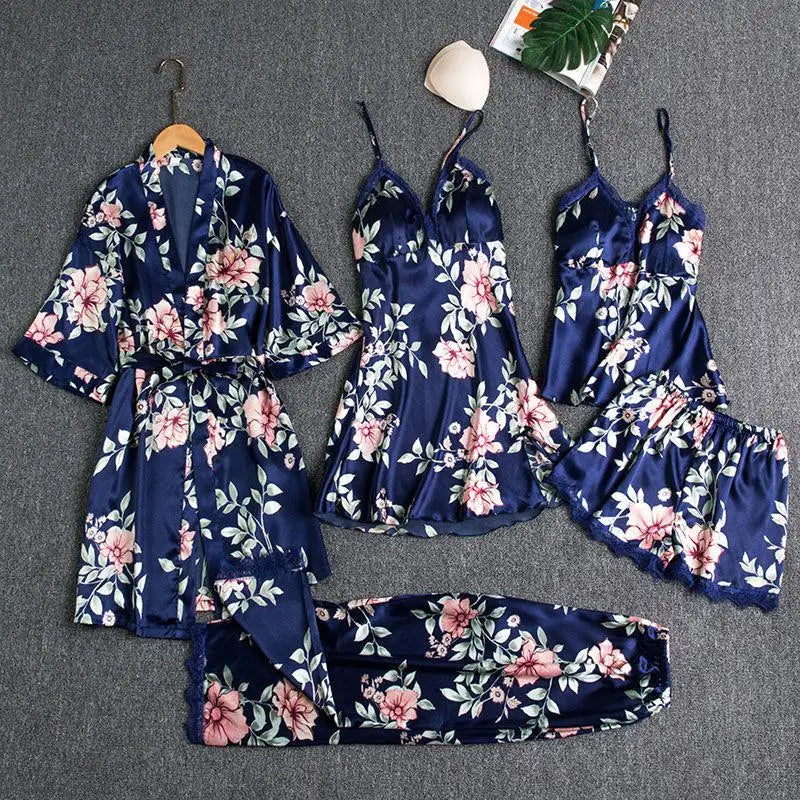 Customizable Sleepwear Female 5PCS Pajamas Set Satin Pyjamamas Lace Bridal Wedding Nightwear Rayon Home Wear Nighty&Robe Suits