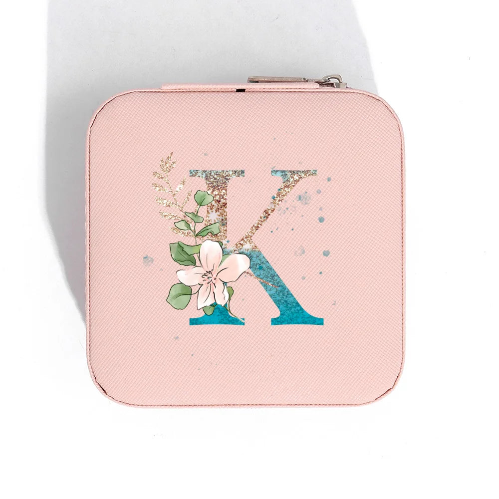 A-Z Alphabet Print Pink Travel Jewelry Organizer with Zipper Closure and Fabric Lining