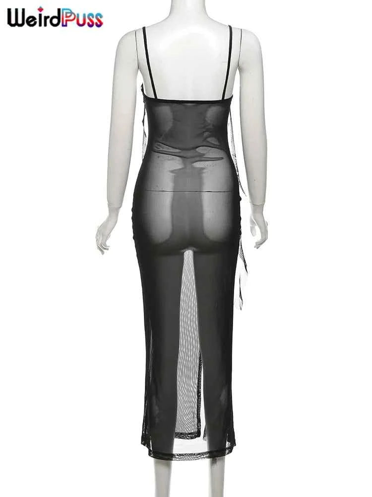 Weird Puss See Through Dress Woman Summer Sexy Spaghetti Straps Patchwork Irregular Tassel Splits Swimsuit Beach Skinny Vestidos