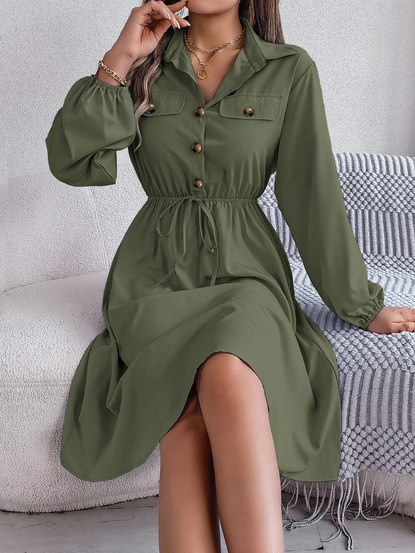 Autumn Winter Dresses for Women Casual Solid Color Button Tie Up Long sleeved Shirt Dress Blue  Green Black Red Woman Clothing