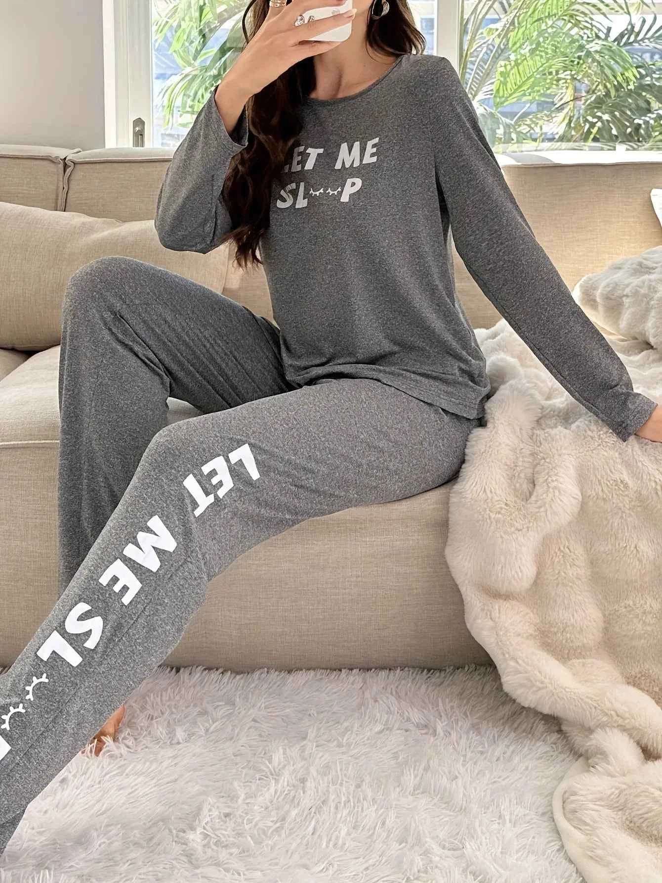 Women's Letters Print Pajamas Set Solid Simple Style Long Sleeve Crew Neck Top And Elastic Pants Trendy Women's Sleepwear
