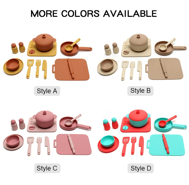 Kids Pretend Play Kitchen Toys, Food-Grade Silicone Dish Set, Realistic Mini Cooking Toys with Bowls, Plates, Pots for Toddlers