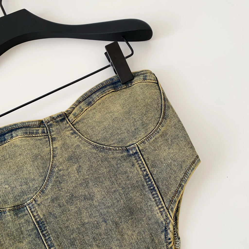 SINGREINY Hot Girl American Retro Sexy Top Female 2026 Minimalist Sleeveless Edgy Beach Bodysuit Strapless 1950s Denim Tank Top