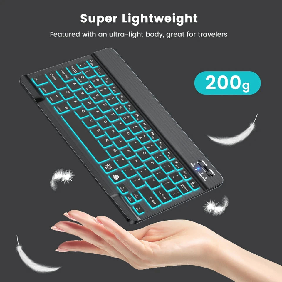 Mini Backlit RGB 10inch Bluetooth Keyboard Wireless Mouse Rechargeable for Spanish Russian Hebrew Korean French Arabic Portugal
