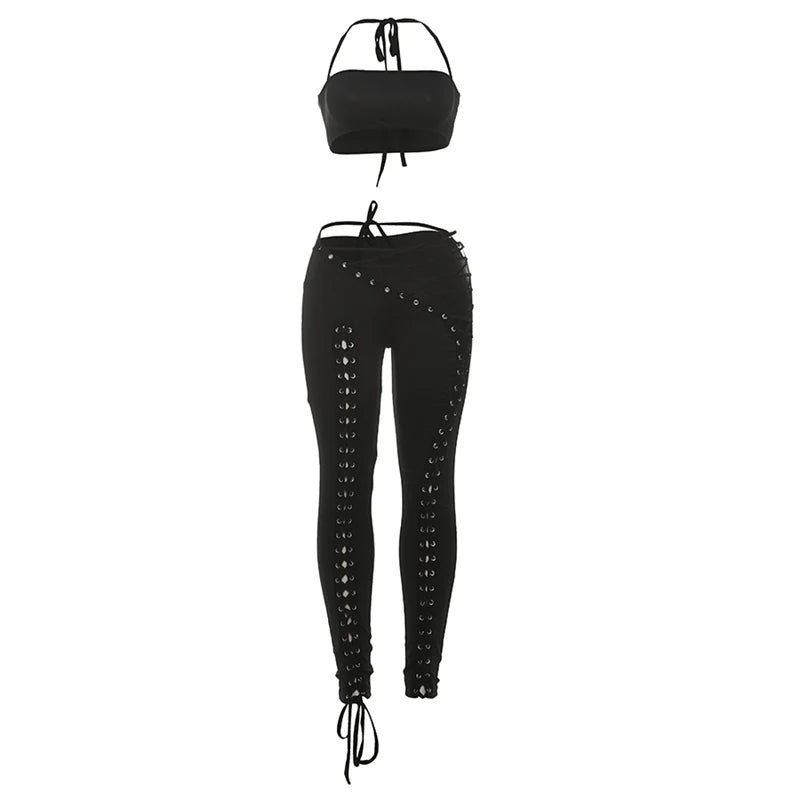 Weird Puss Sexy 2piece Set Women Hipster Halter Camisole+Shirring Hollow Pants Midnight Matching Stretch Clubwear Skinny Outfits