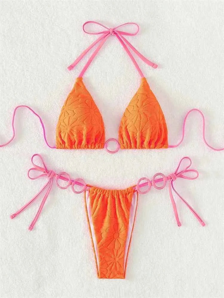 Sexy Triangle Bikini Women White Contrast Ring Linked Criss Cross Micro Swimsuit 2024 Beach Bathing Suit Tie Side Thong Swimwear