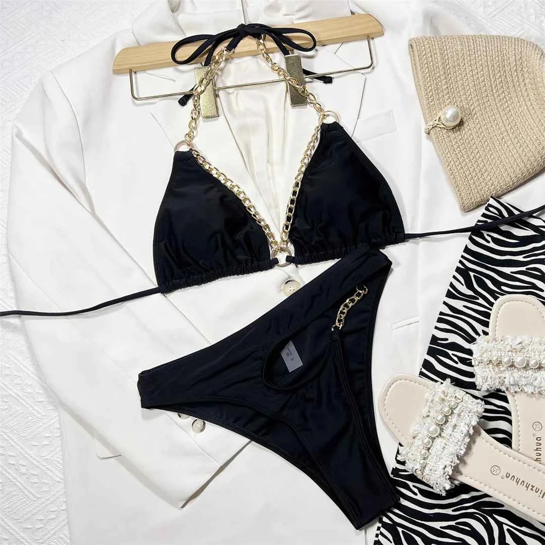 Metal Rings Halter Cut Out Asymmetric Bikini Women Swimwear Female Swimsuit Two-piece Bikini set Bather Bathing Suit Swim V4336