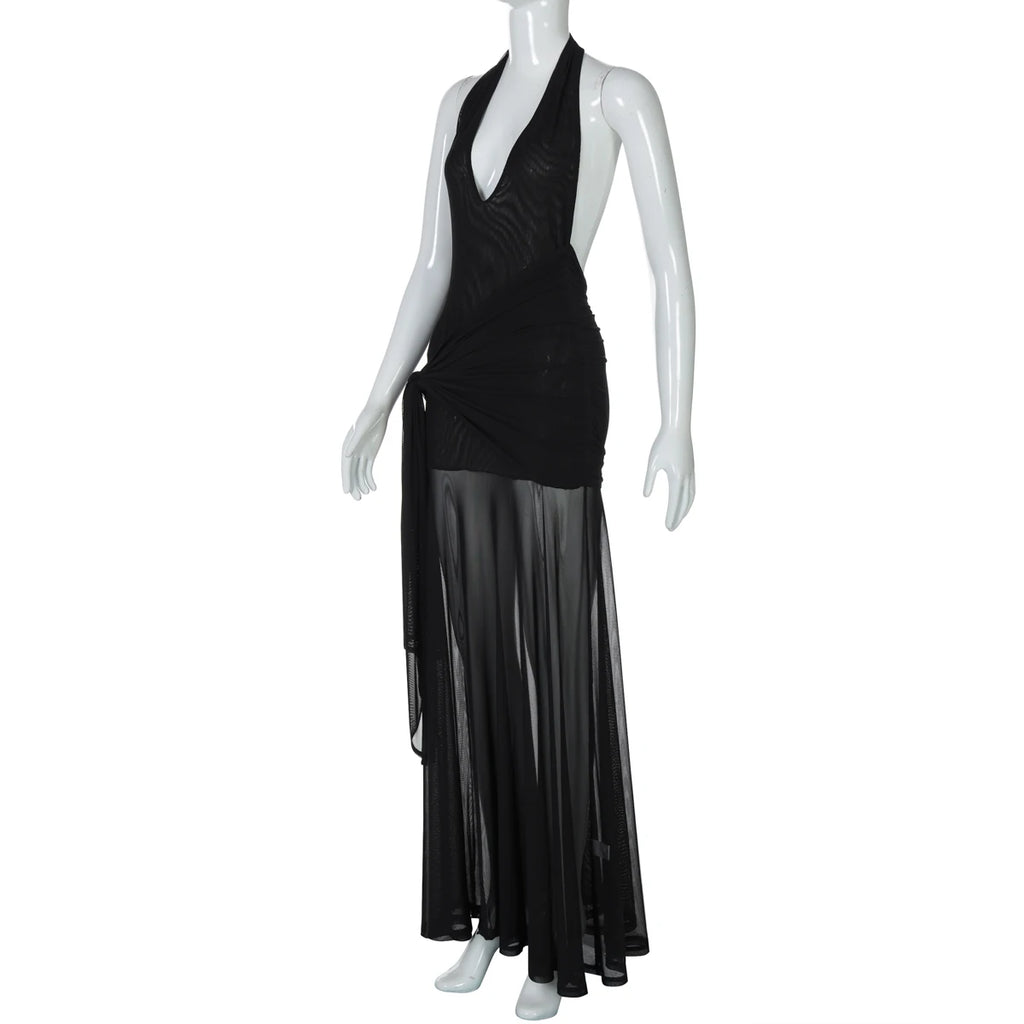 Dulzura Sleeveless Halter Backless  Lace Up Ruched Patchwork Sheer Mesh Floor-Length Dress Solid Sexy Outfit  Party Club Summer