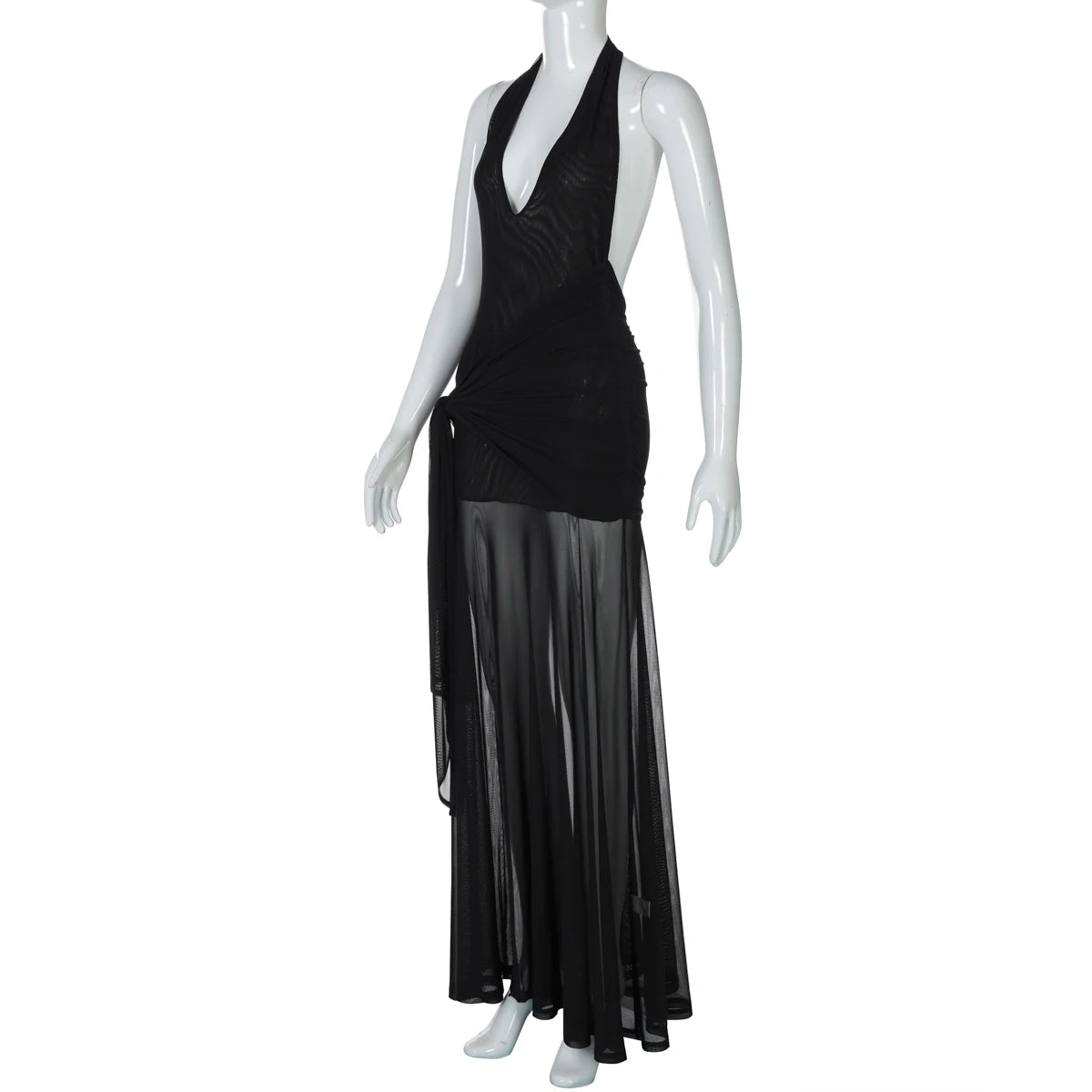Dulzura Sleeveless Halter Backless  Lace Up Ruched Patchwork Sheer Mesh Floor-Length Dress Solid Sexy Outfit  Party Club Summer