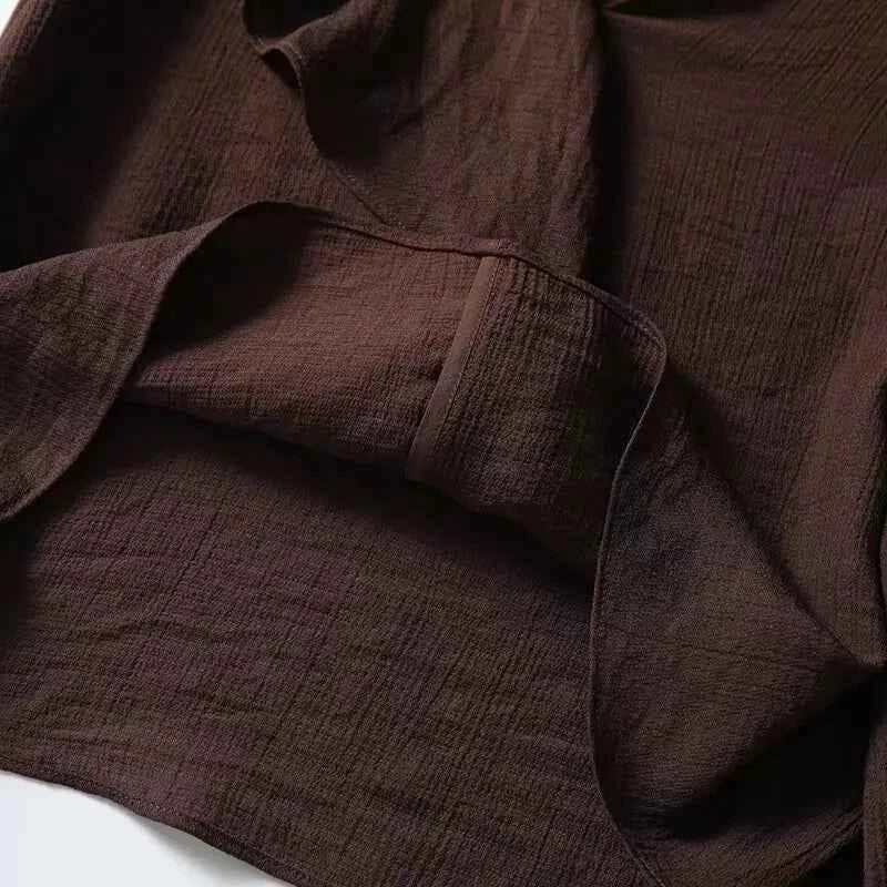 YENKYE Spring 2025 Women Brown Long Sleeve V Neck Ruffle Shirt Office Casual Blouse Blusas Mujer
