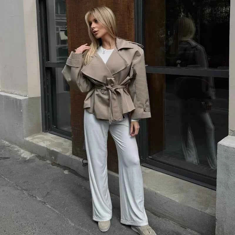 Cropped Lace-up Blue Casual Trench Coat Women Lapel Long Sleeve Wide Shoulder Windbreaker Jacket Fall Commute Daily Streetwear