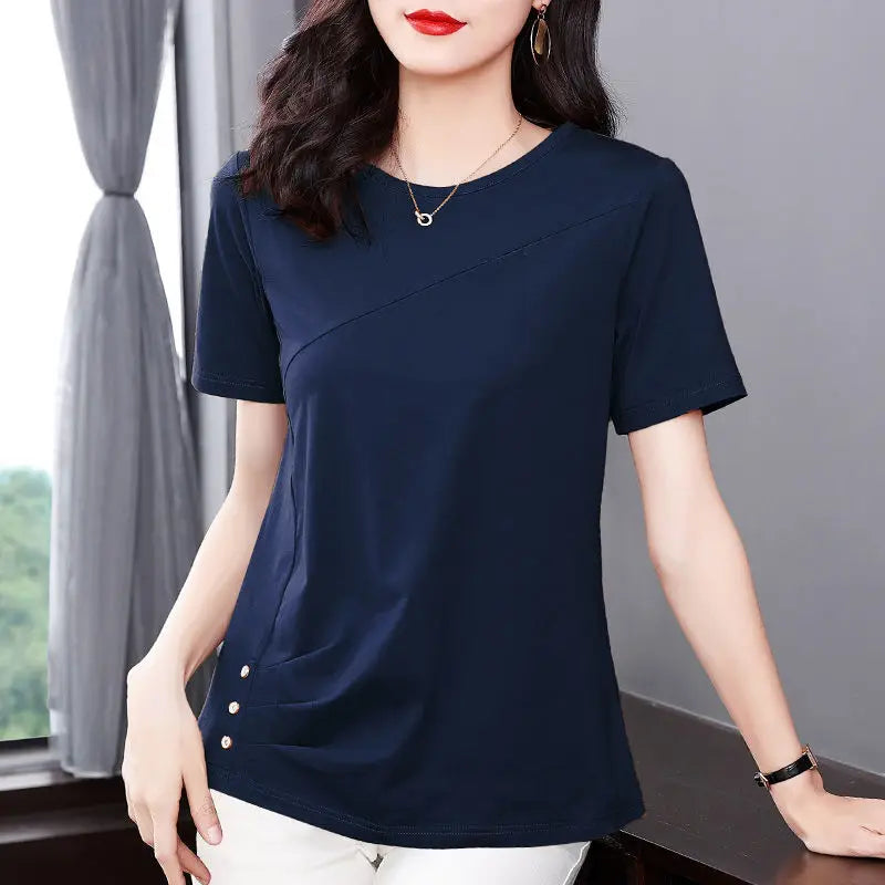 5XL Women Summer Spring cotton Blouses Shirts Lady Fashion Casual Short Sleeve O-Neck Solid Color T-shirt Blusas Tops MM2069