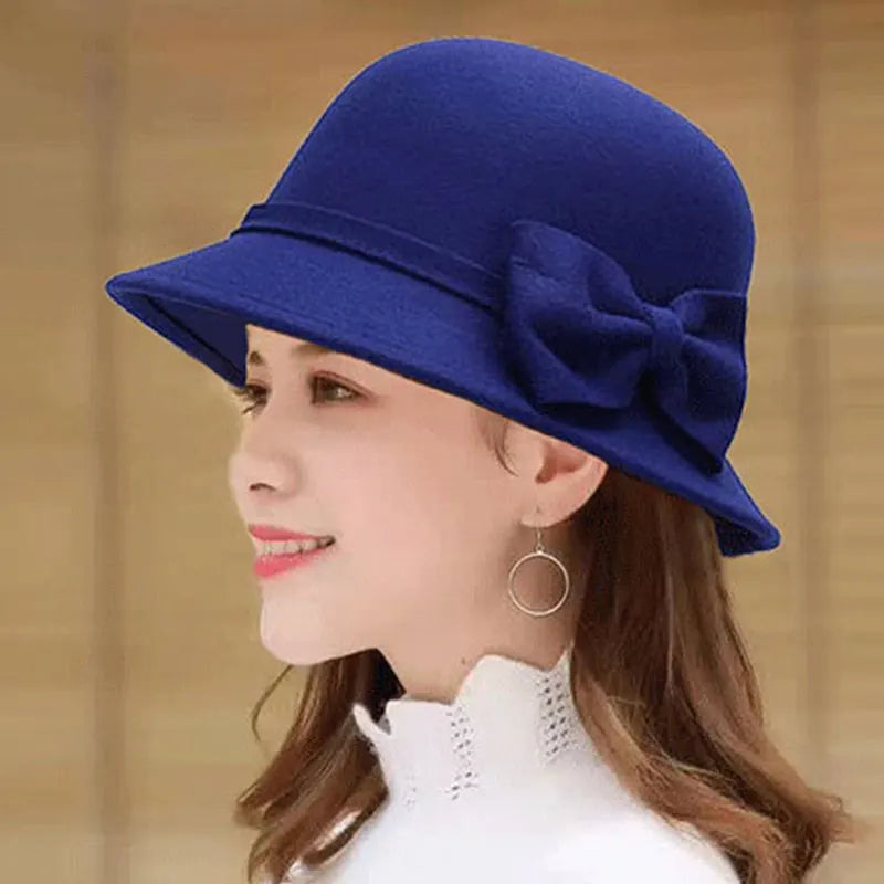 Women Elegant Wool Felt Fedoras Hat Autumn Winter Warm Solid Color Bow Bucket Dome Cap Ladies Fashion Retro Church Top Hats