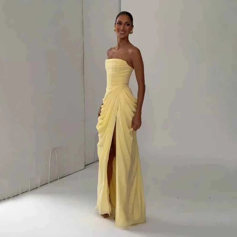 Women Sexy Solid Pleated Strapless Dress Lady Chic Off-shoulder Backless High Waist Split Dresses  Evening Party Gown 2026 New