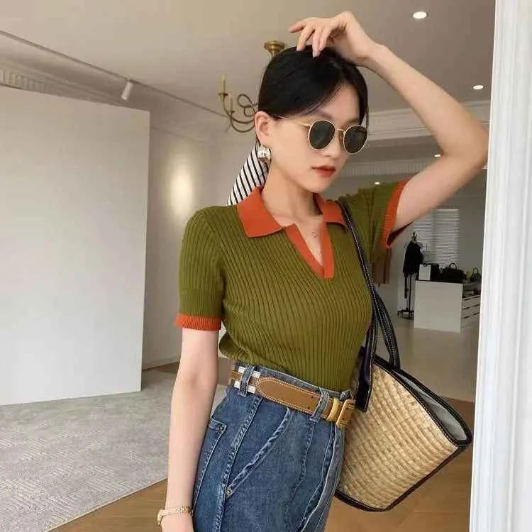 Vintage Panelled Knitted T-shirts Women V-neck French Style Slim Summer New Literary Fashion All-match Mature Elegant Ulzzang