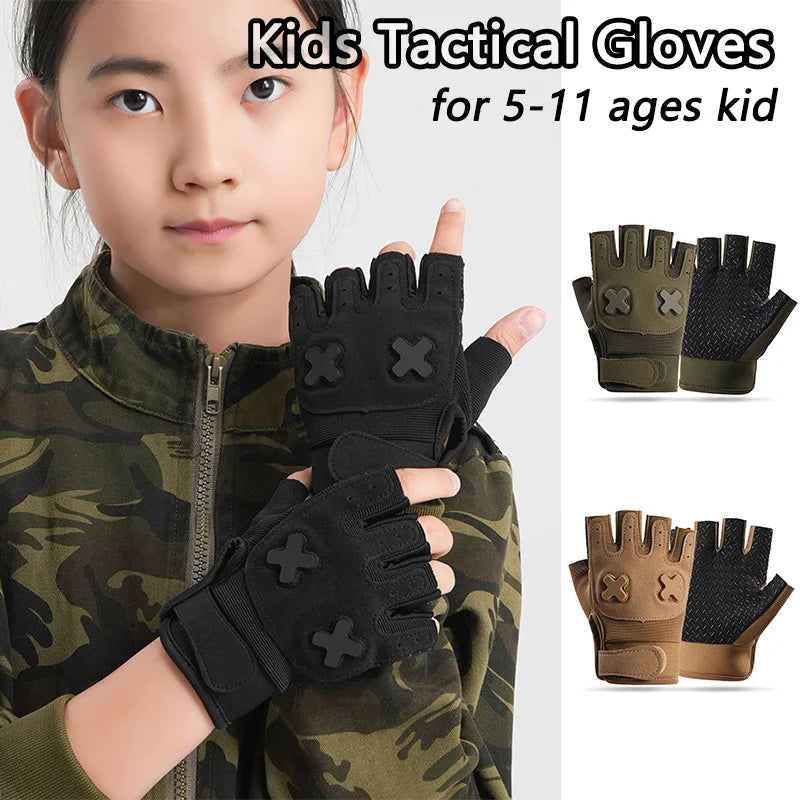 Kids Sport Gloves Breathable Anti-Slip Cycling Tactical Gloves 5-11 Ages Adjustable Outdoor Climbing Hiking Travel Gloves