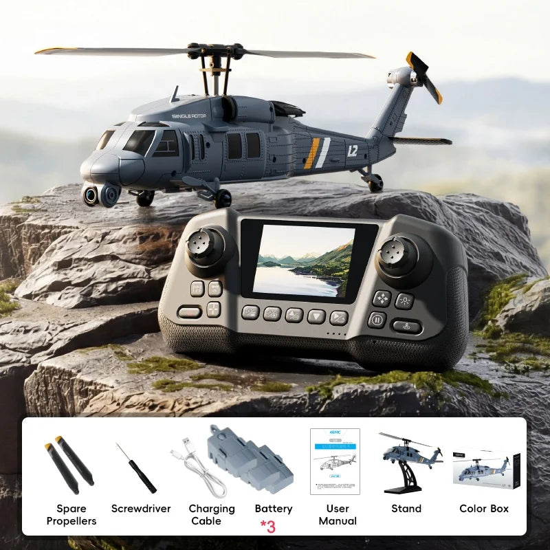 Military Remote Control Screen Helicopter 6 Axis Gyro Single Rotor 8K Aerial Optical Flow With Screen WIFI FPV RC Helicopter Toy