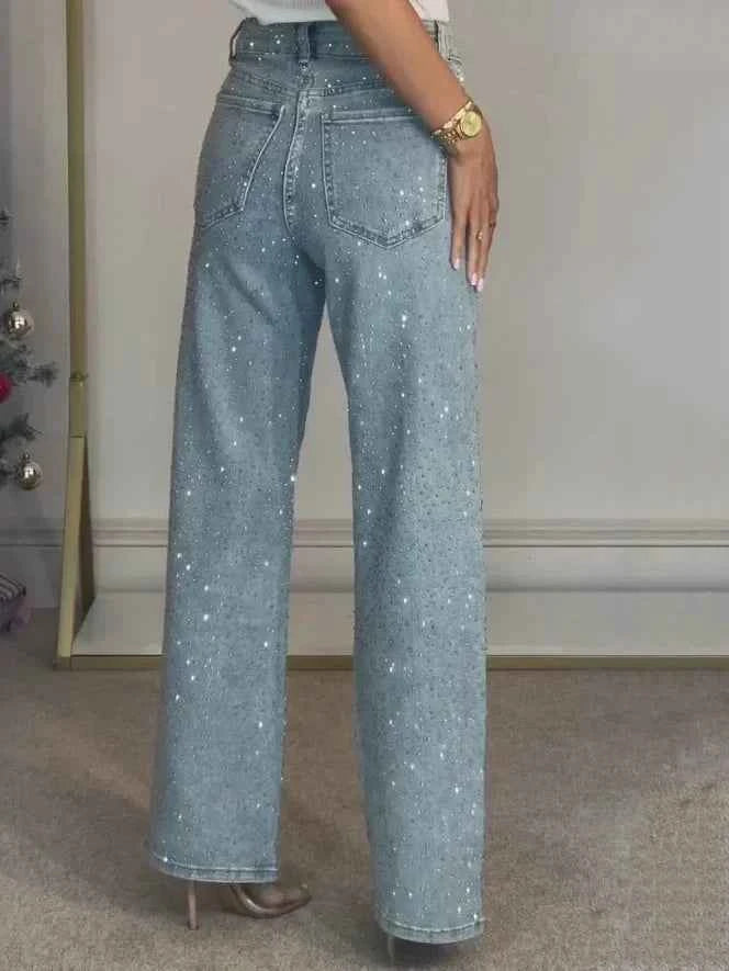 2025 Women Jeans Straight Diamonds Pants Stretch High Waist Washed Mom Jeans Y2k Streetwear Trousers Vintage Denims Streetwear