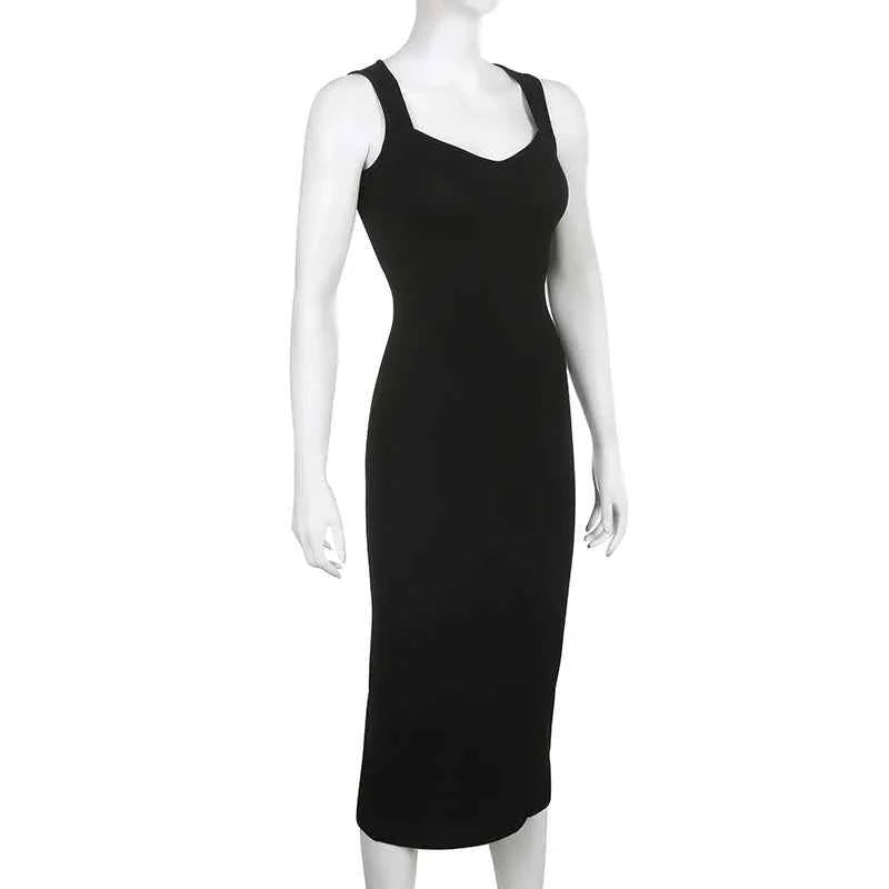 Myufon Basic Knit Long Dress Korean Fashion Square Collar Sleeveless Women's Dresses Summer Casual Y2k Vintage All-match Outftis