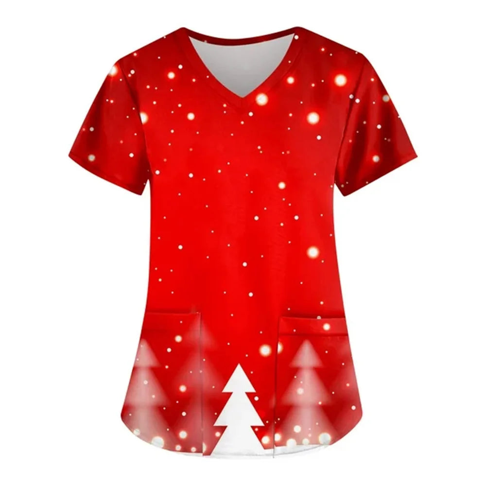 Womens Christmas Nurse T Shirt Print Short Sleeve V Neck Workwear With Pocket Working Nurse Work Wear Overalls Medical Uniforms