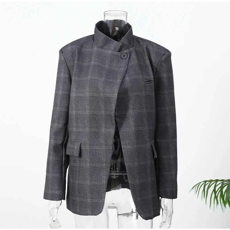 Irregular Plaid Blazer Jacket Women Fashion Stand Collar Full Sleeve Split Loose Short Jackets 2025 Lady Daily Commute Outwear