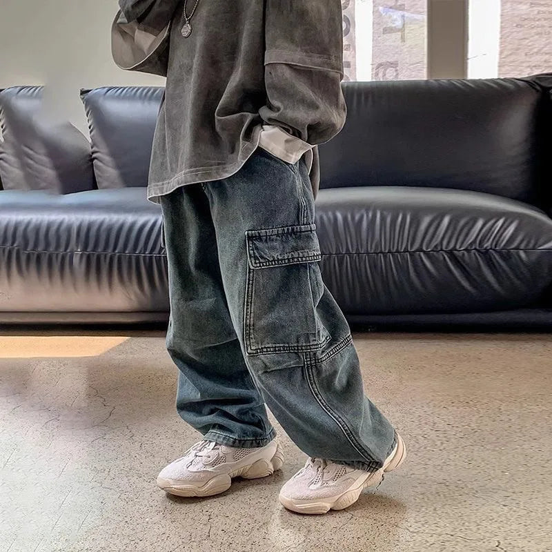 Children Boys Jeans Spring Autumn Kids Baby Boys Denim Pant Side Pockets Toddler Boys Loose Straight Pant Streetwear Boys Pants