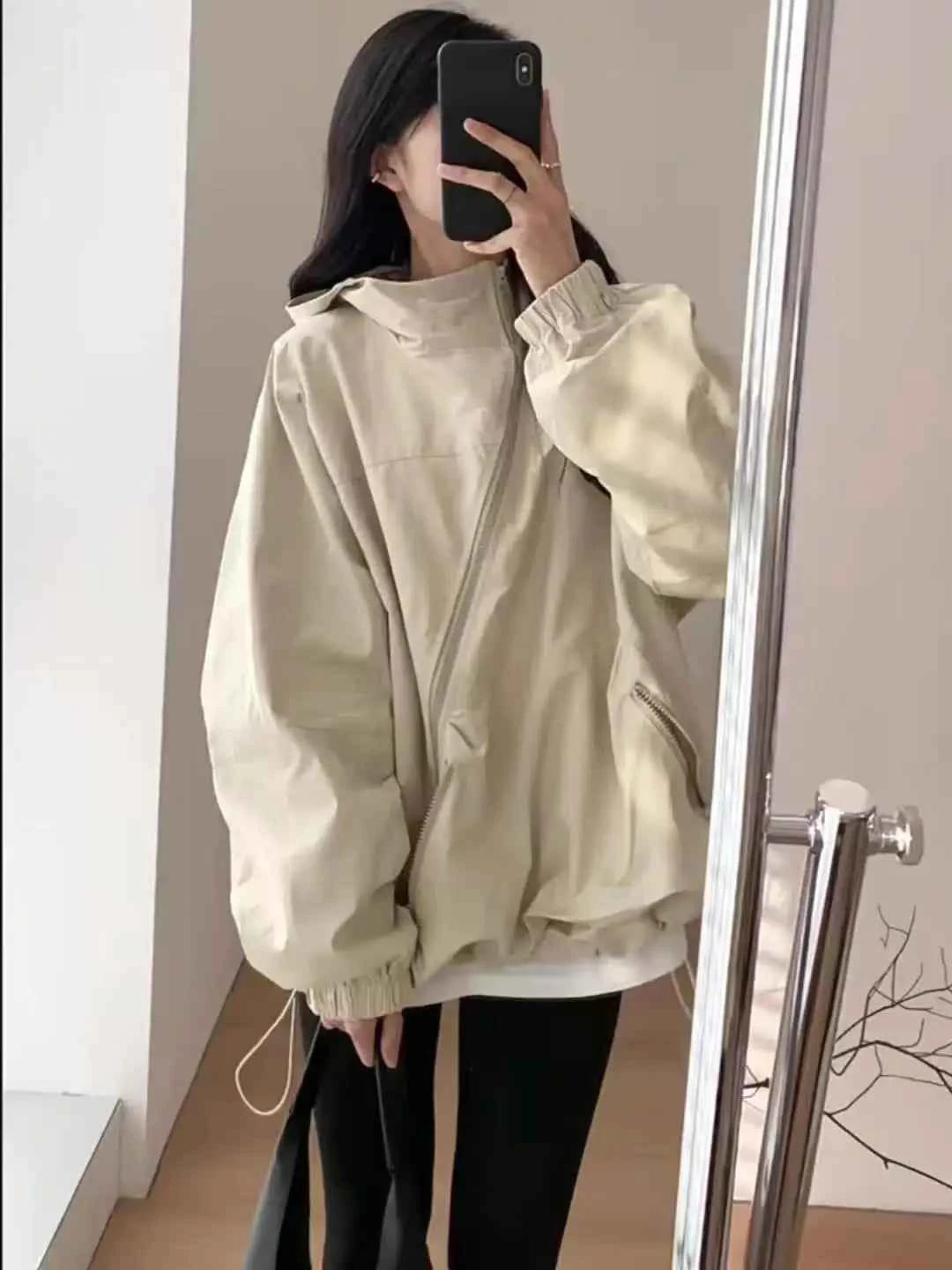Women Hooded Jackets Diagonal Zipper Design Vintage Autumn Baggy Fashion BF Style Outdoor Chaqueta Mujer Leisure All-match Lady