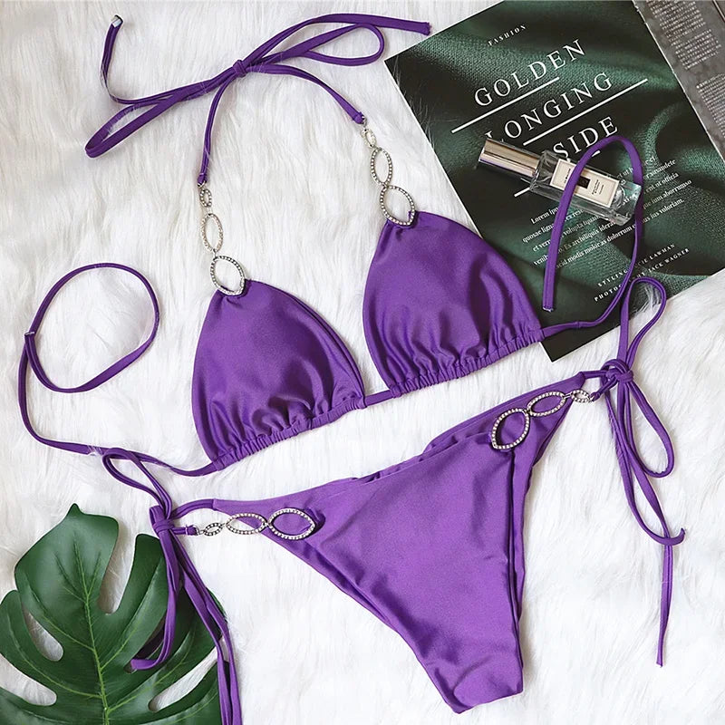 Metal Chains Rhinestones Diamond Bikini Women Swimsuit Female Swimwear Two Pieces Bikini Set Brazilian Bather Bathing Suit Swim
