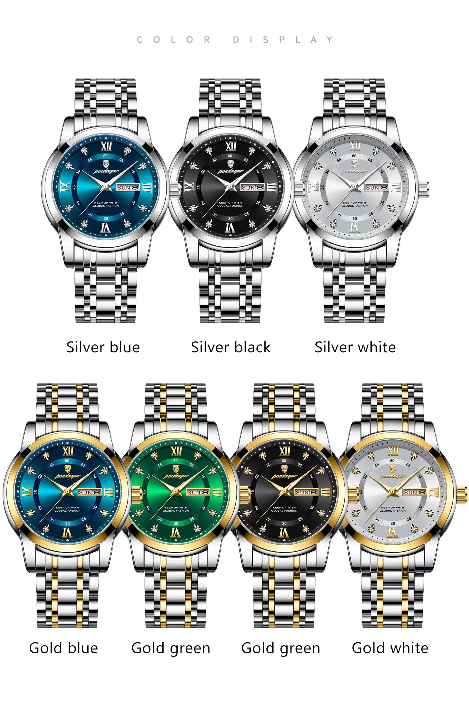 POEDAGAR Original Classic Man Watch Waterproof Luminous Date Week Watches for Men Quartz Stainless Steel Luxury Men's Wristwatch