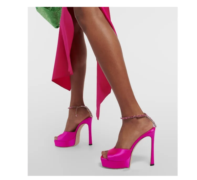 Colorful Chain Water Diamond Sandals Brand Walk Show Fish Mouth Evening Dress Elegant High Heels 2023 New Pendant Women's Shoes